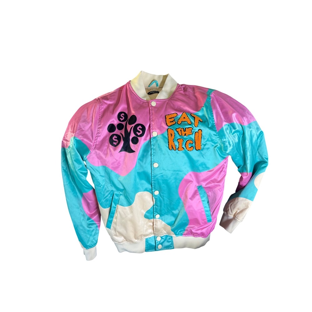 Roku Studio Eat The Rich Satin Varsity Jacket Pink‎ Teal Colorblock Mens Medium